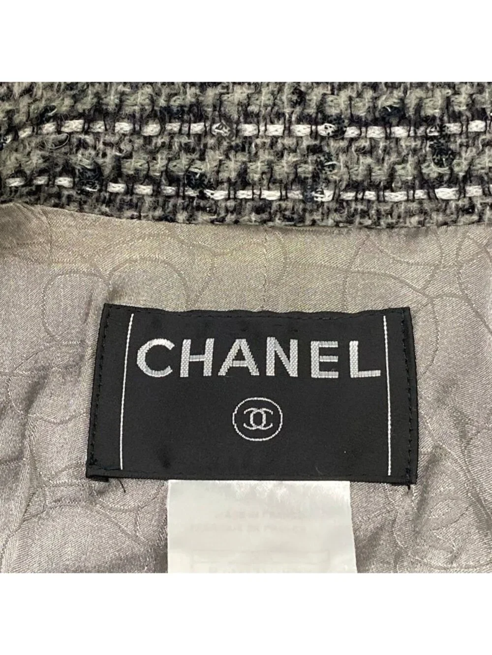 Chanel Jacket 34 S Gray Black White Long Sleeve Tweed Sequin Rhinestone Autumn